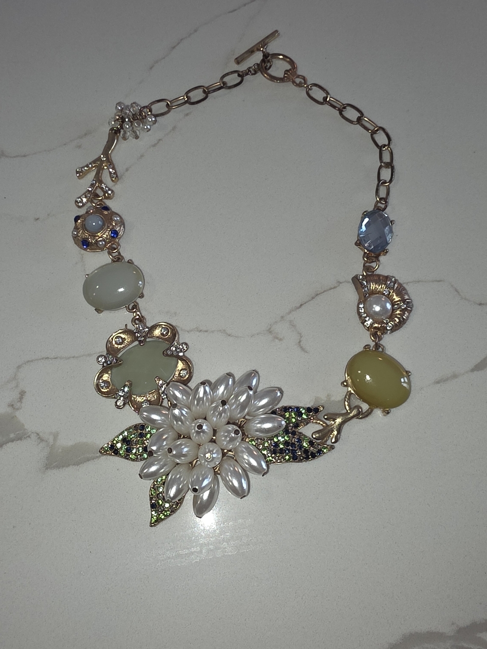 Gold-Tone Floral Pearl Statement Necklace - White/Green Accents